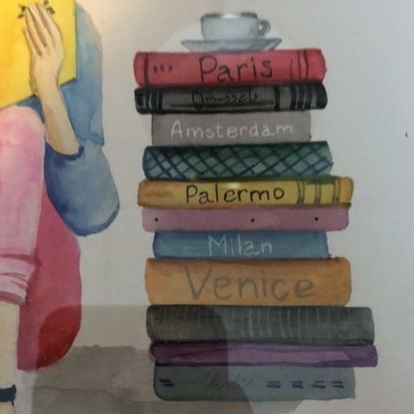 Watercolor hanging Art Girl Reading Books Tulips Paris London Original - Picture 7 of 16